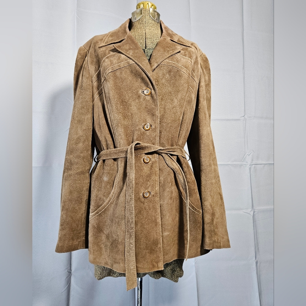 Vintage Leder Wagner 90s German Leather Suede Mid Length Tan Tie Front Jacket Lg
